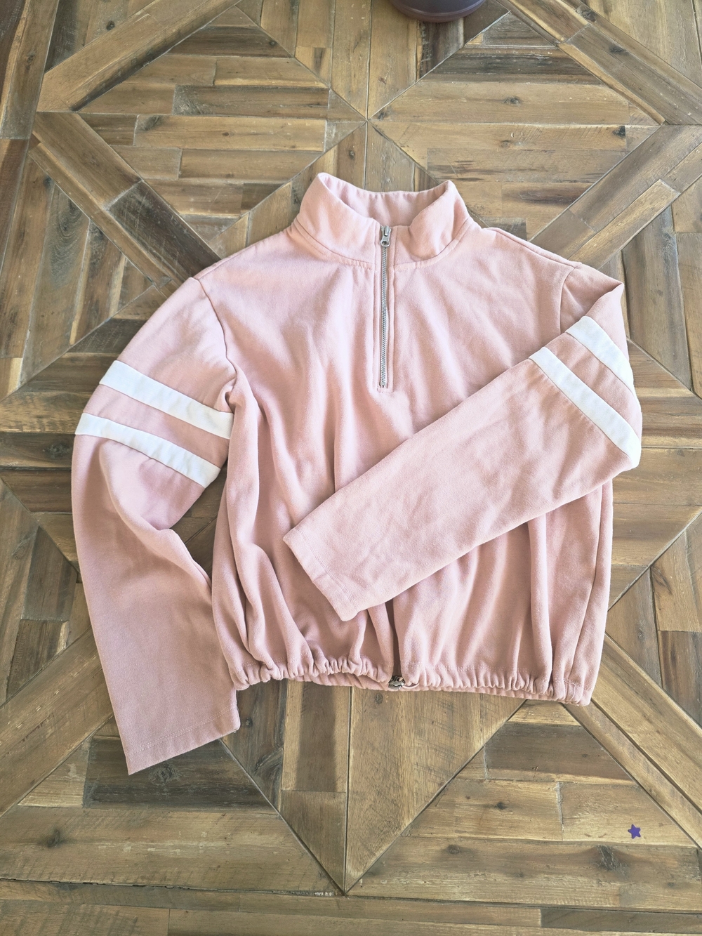 Pink Half-Zip Pullover Sweater with White Sleeve Stripes Size Medium